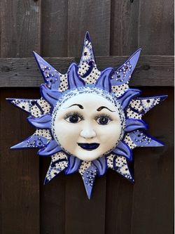 Mexican Talavera Blue Sun Wall Decor, Pottery, Clay Pot, Planter.
