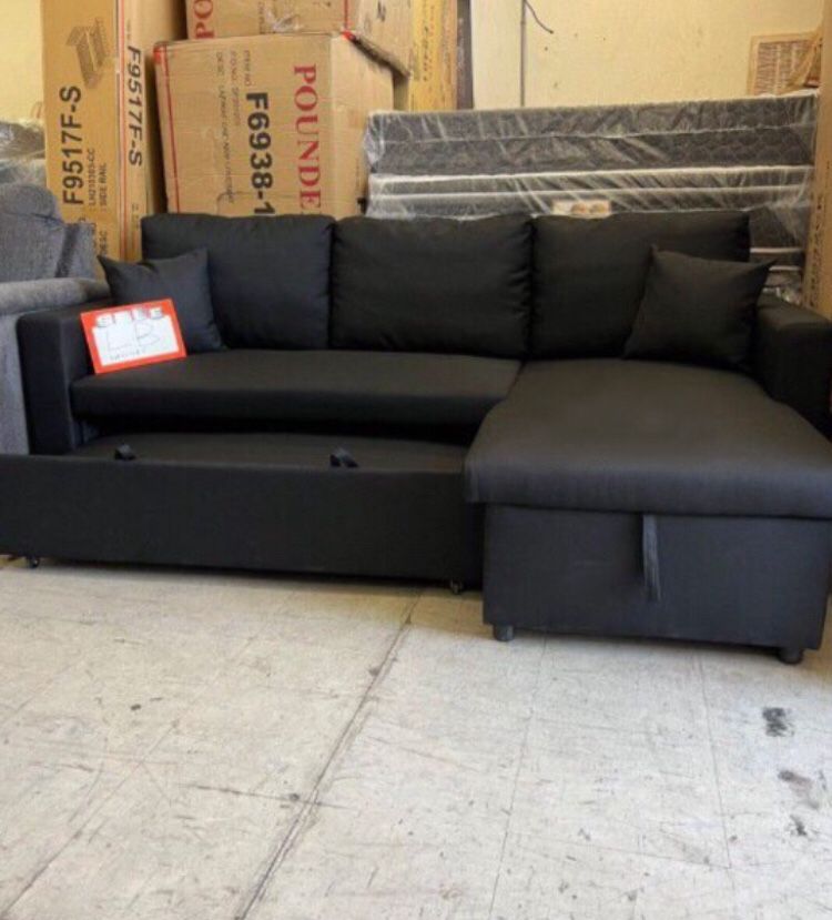 Black Sectional Sofa Pullout Bed With Storage 87”x 57”