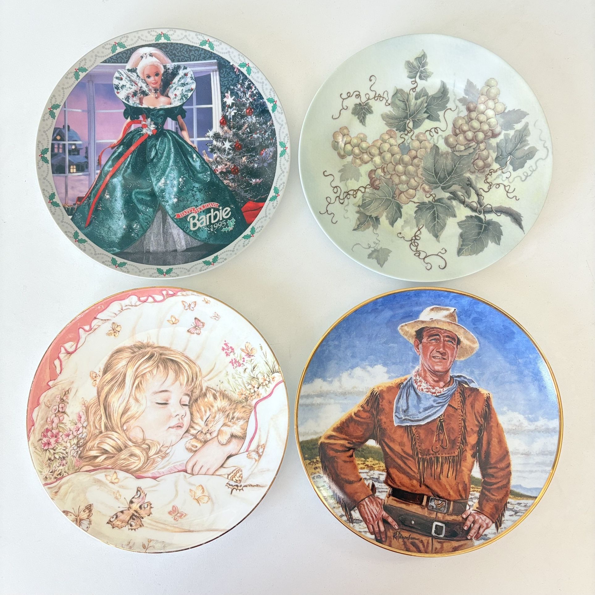Lot 4 Porcelain Decor Plate Collectible Plates Girl &cat Barbie Cowboy Grape