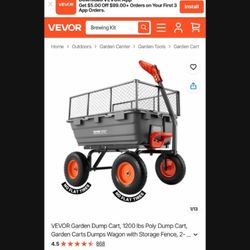 VEVOR Garden Dump Cart, 1200 lbs Poly Dump Cart, Garden Carts Dumps Wagon with Storage Fence, 2-in-1 Convertible Handle, 90° Quick-Dumps Mechanism, 18