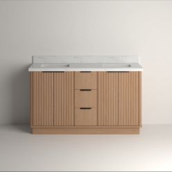 60" Light Oak Double Bathroom Vanity w Premium Quartz Countertop & Square Sinks