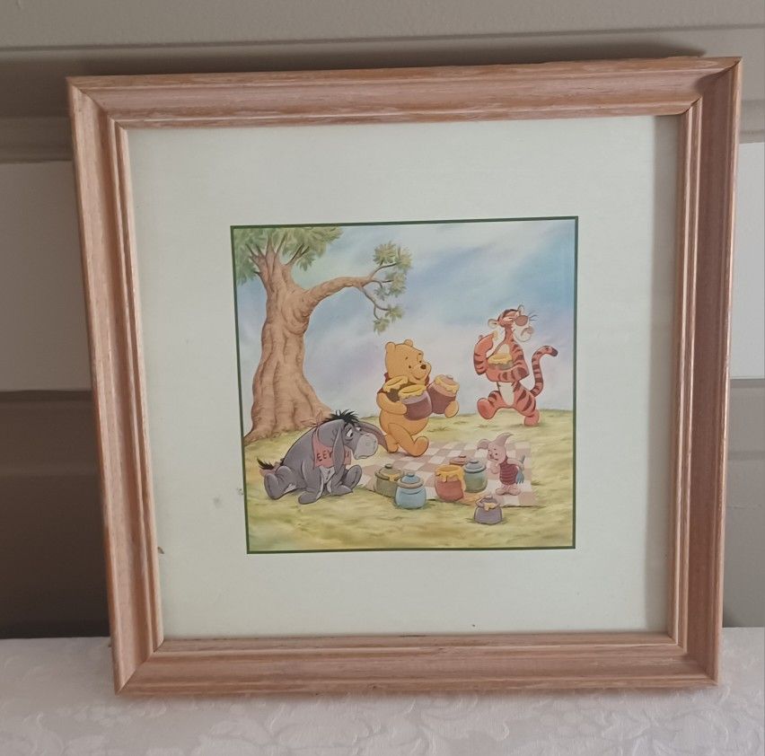 Framed Winnie the Pooh  Art Print Picnic  with Eeyore & Tigger 9.75" Disney