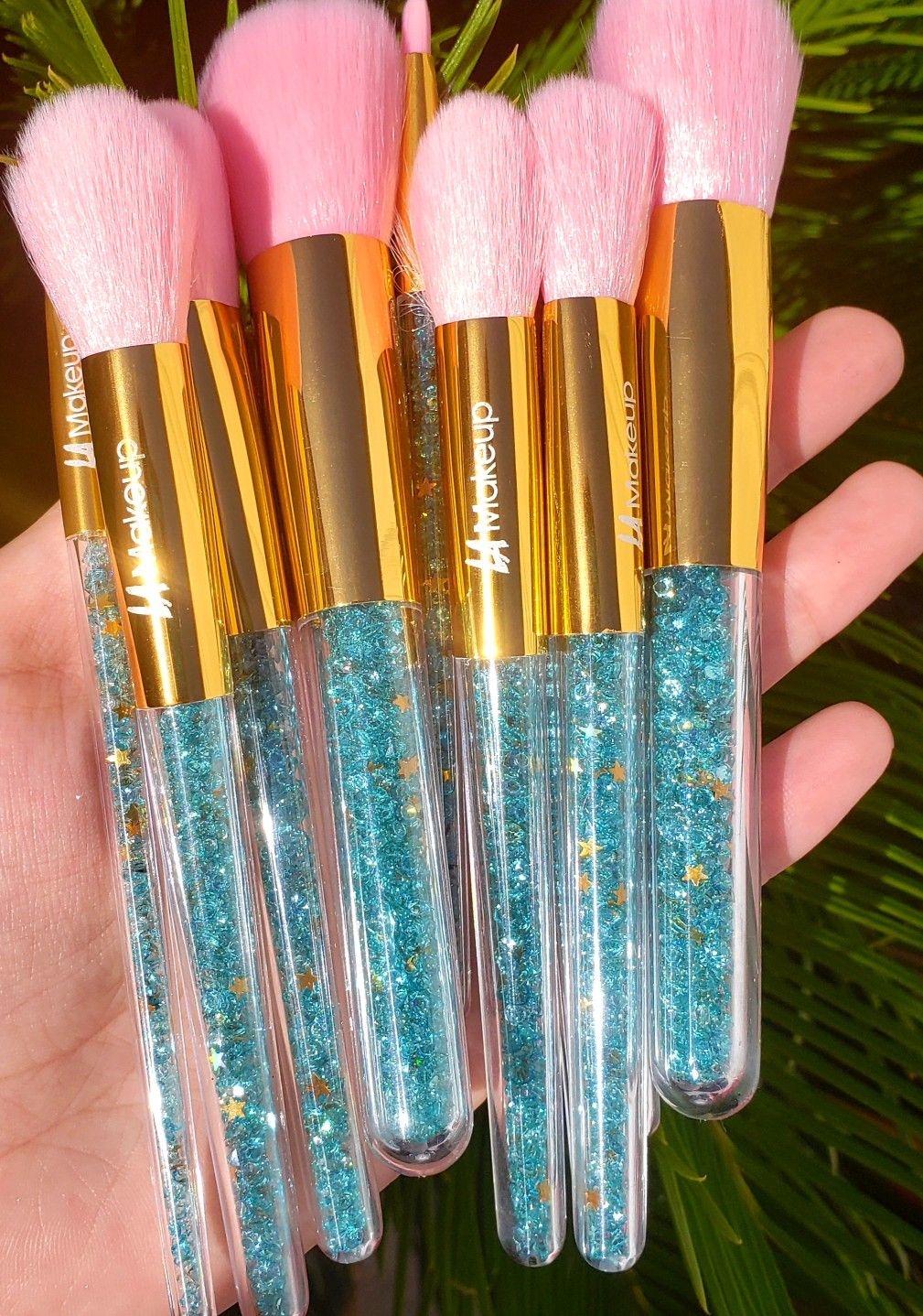 Blue and pink 10pcs glitter makeup brush set