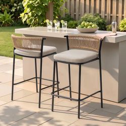 26''H Outdoor Patio Premium Woven Rattan Stackable Bar Stools with Cushions