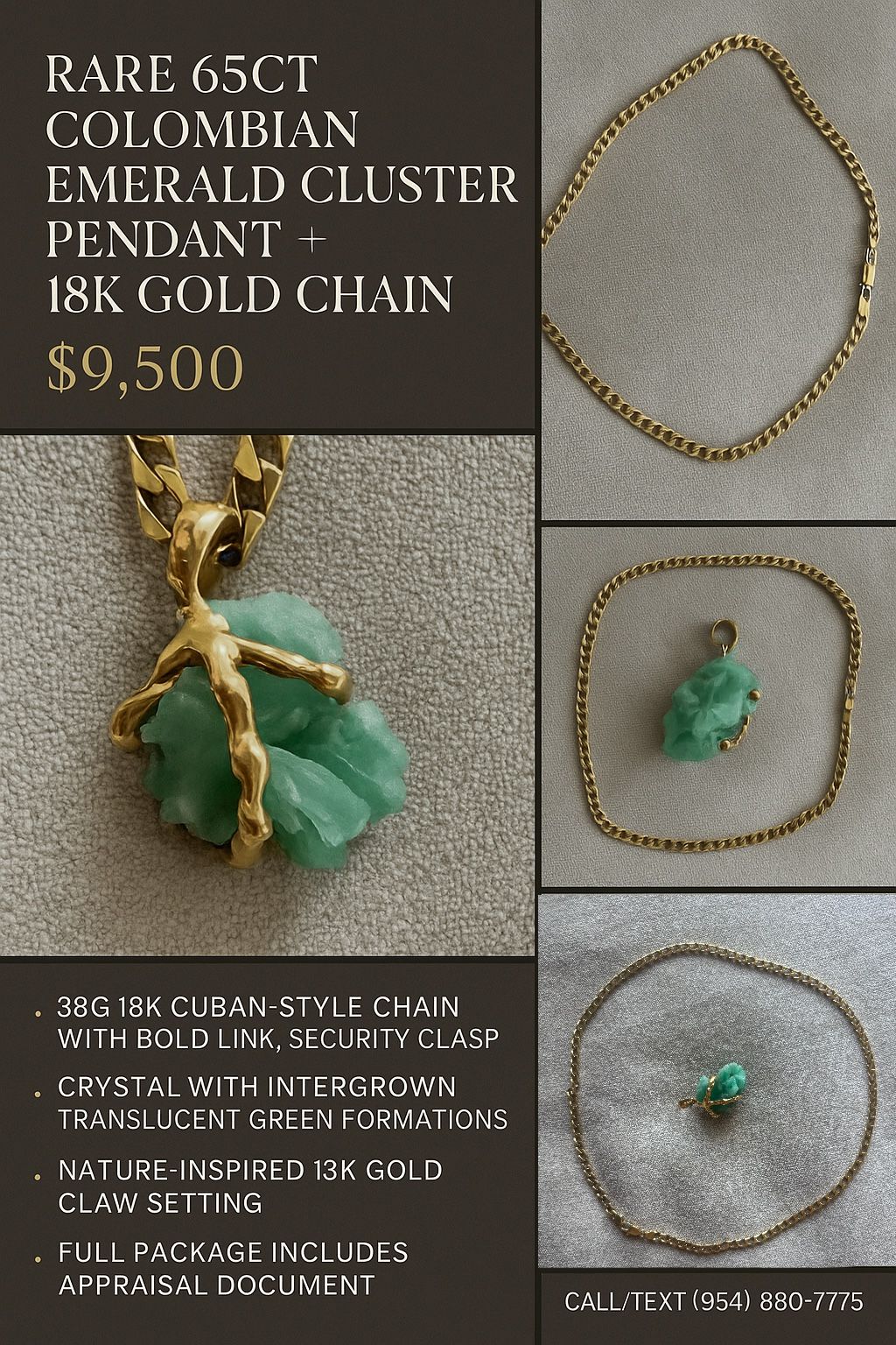 Rare 65ct Colombian Emerald Cluster Pendant + 18K Gold Cuban Chain (38g, 23”) – $9,500