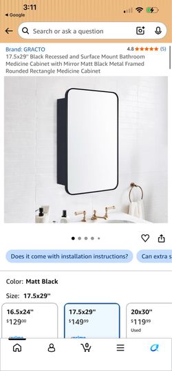 GRACTO 17.5x29" Black Recessed and Surface Mount Bathroom Medicine Cabinet with Mirror