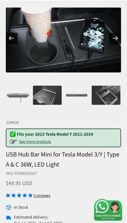 USB Hub Bar Mini for Tesla Model 3/Y | Type A & C 36W, LED Light