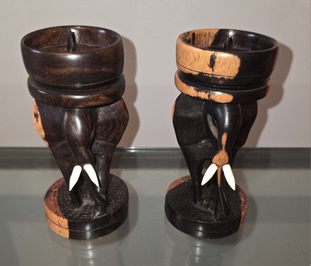 African Carved Wood Elephant Candle Holder 