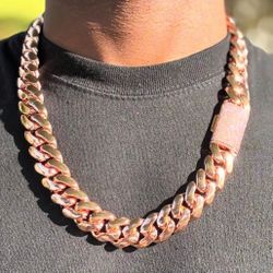 🌹💎 Chain 20mm Miami Cuban Link Rose Gold Plated Chain Necklace 18k & 14k👑 Diamond Lock