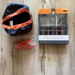 NEW DECOR Deluxe Premium Pumpkin Carving Kit Set 4 Pcs w/ bonus tools & pouch