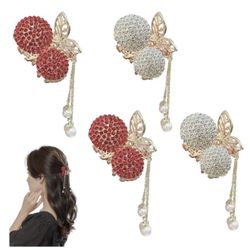 4 Cherry Tassel Hair Clips Non-Slip High Ponytail Metal Rhinestone Claws