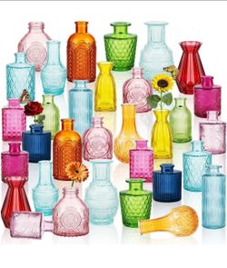 36 PCS Assorted Vintage Bud Vases, Colorful Glass Small Vases Bulk, for Centerpieces, Wedding Table Decor, Home Decorations & Gifts (Colorful rieires)
