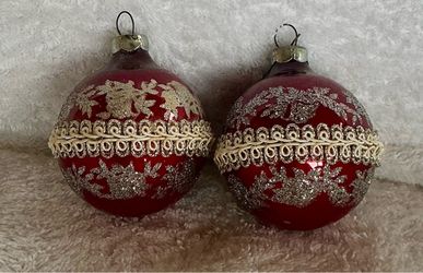 Vintage Red Glass Christmas Ornaments - Pair with Silver Glitter & Trim