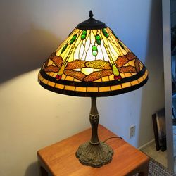 Large Antique Dragonfly Leaded Glass Lamp