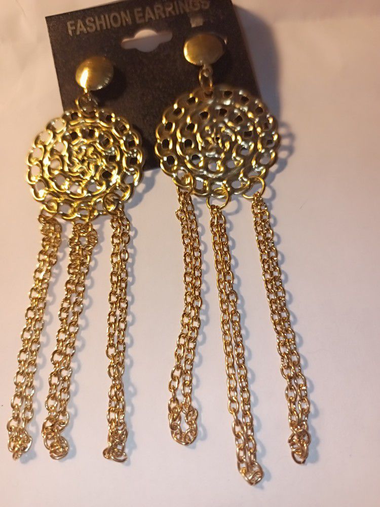 Gold Toned Medallion With Chain Earrings