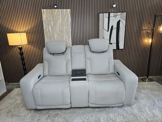 LIKE NEW- Alton Light Gray Leather Power Reclining Sofa with Power Headrests and Cooling Unit