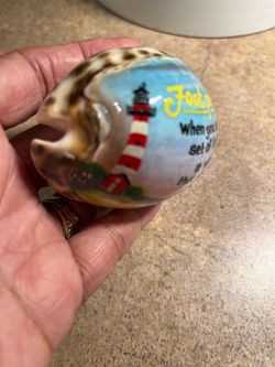 Hand Painted Cowrie Sea Shell w/Foot Print Quote & Beach Lighthouse Scenery