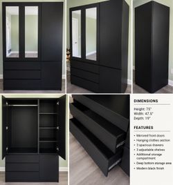 Large Black Mirrored Wardrobe Armoire – 3 Drawers + Shelving