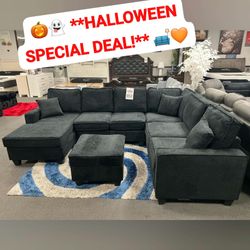 Chenille fabric sectional sofa with ottoman