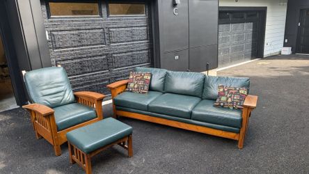 Mission Style Leather Couch Chair & Ottoman