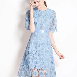 Elegant High Quality Exquisite Hollow-out Lace Crochet Designer A-Line Cocktail, Party, Prom, Wedding Guest Dress