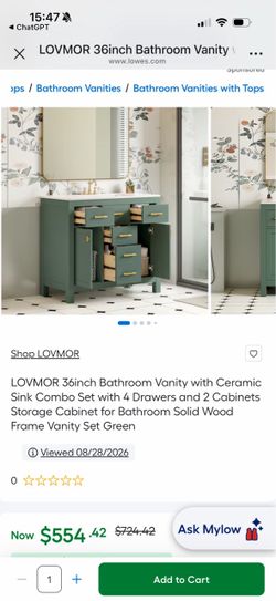 LOVMOR 36inch Bathroom Vanity with Ceramic Sink Combo Set with 4 Drawers and 2 Cabinets Storage Cabinet for Bathroom Solid Wood Frame Vanity Set Green