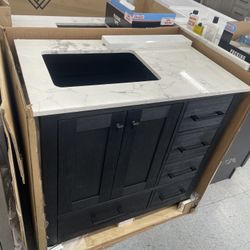 Bathroom vanity cabinet 36” solid mango Quartz top with sink and backsplash 