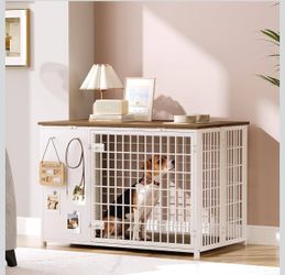 New Foldable Dog Crate Furniture, Dog Crate with DIY Frame, Heavy Duty Dog Kennel Indoor with Hooks, Wooden Dog Cage End Table