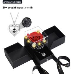 Preserved Red Real Rose Flowers in Box with I Love You in 100 Languages Necklace