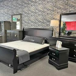 Brand New/ Black Sleigh Bedroom Set//Dresser,mirror, Nightstand, Bed//Mattress Sold Separately 