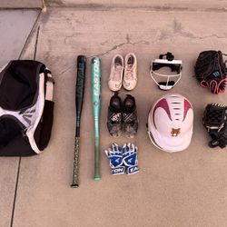 Softball Bats, Glove, Helmet, and Bag