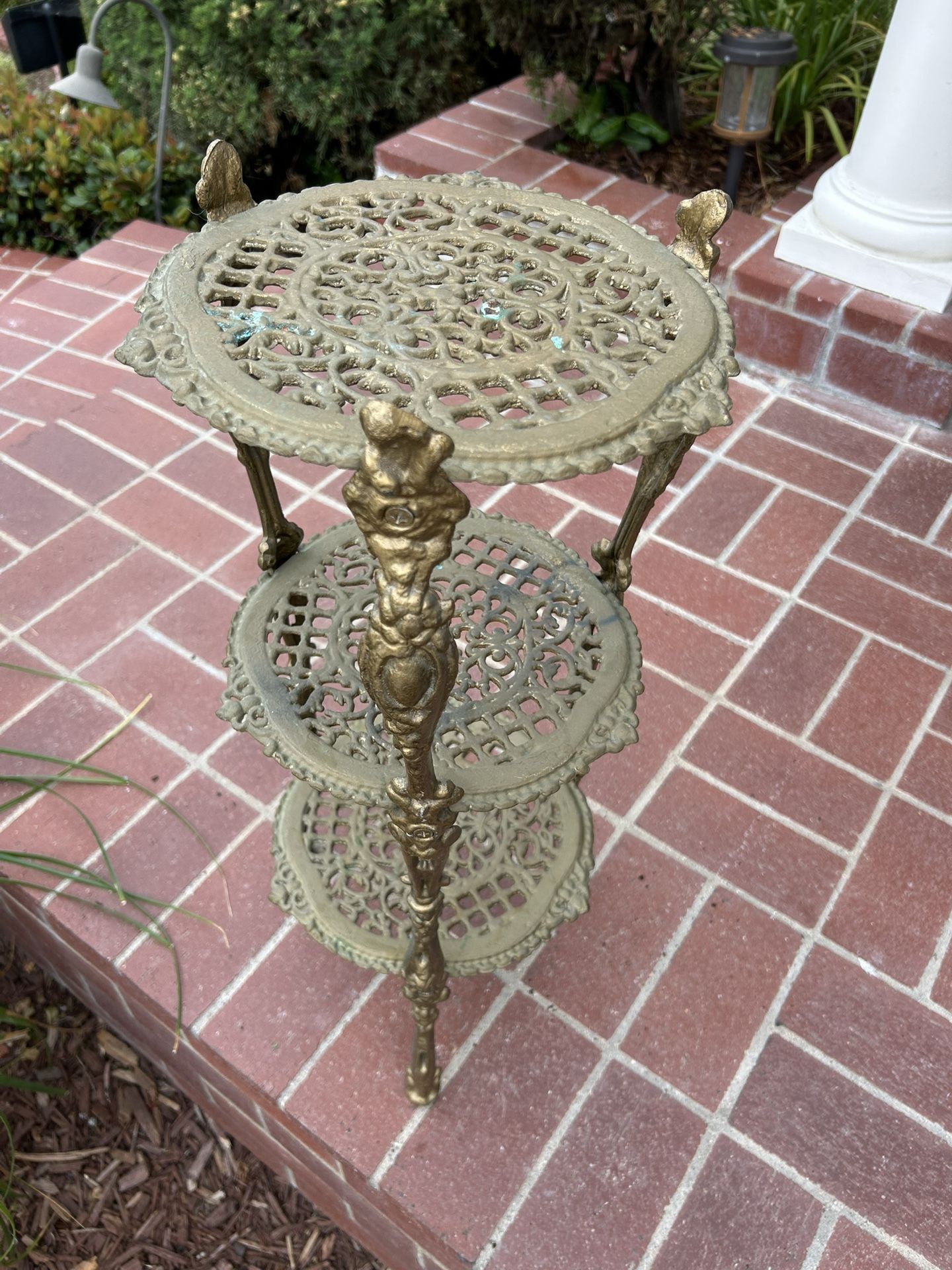Antique Cast Iron Heavy Ornate Plant Stand Tiered Vintage End Table Indoor Outdoor Victorian 