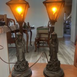 Antique Lamps, Asian Figure On Bottom 1/2 Holding A Fan On A Tree Root design