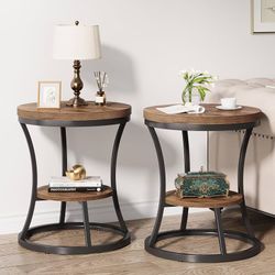 Set of 2, 2-Tier Side Table, Rustic Brown
