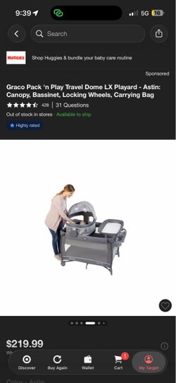 Graco Pack 'n Play Travel Dome LX Playard - Astin: Canopy, Bassinet, Locking Wheels, Carrying Bag