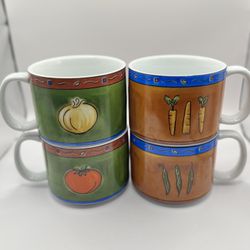 Vintage Set of 4 MSC Vegetable Soup Mugs - Illustrations by de Jocha | 16 oz Stackable Ceramic Cups