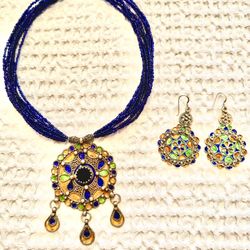  Set Necklace And Earrings  Sterling  Silver Morocco  Blue, Beige Green Tones 