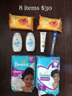 2 Pampers Cruise Diaper (size 6); 2 Johnson Cotton Touch Lotion; 144 Sesame Street Baby Wipes (72x2); 1 Burts Bee Toothpaste; 1 Sesame Street Toothbr