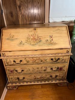 drop-front secretary desk with hand-painted “chinoiserie” style decoration