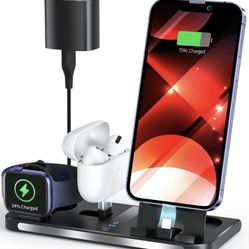 3 in 1 Charging Station, Foldable Charging Stand for Multiple Apple Devices Compatible with iPhone, iWatch, Air Pods, 18W Fast Charge Portable Travel 