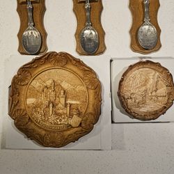 German scenic wood carvings and spoons.