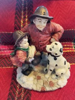 3 inch fireman with child and dog figurine