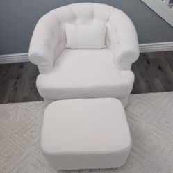 New White Swivel Barrel Accent Chair With Ottoman Bouclé Upholstery Modern Lounge Set