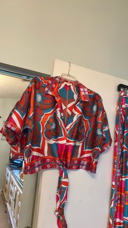 Colorful Print Tie-Front Crop Top and Pants