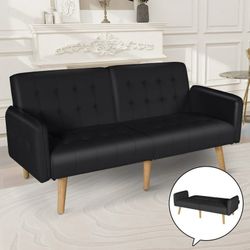 65" W Folding Futon Couch Sofa Bed w/ 2 USB Charging Ports, Black