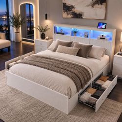 🔥KING Size Bed Frame with Headboard Lights and bookcase storage, White L-18