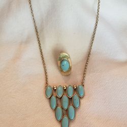 TURQUOISE+BRASS NECKLACE+RING