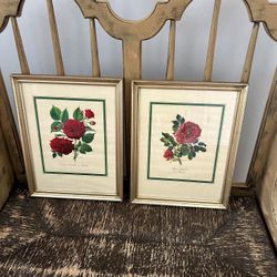 Beautiful Pair of Vintage Framed Rose Lithograph Prints