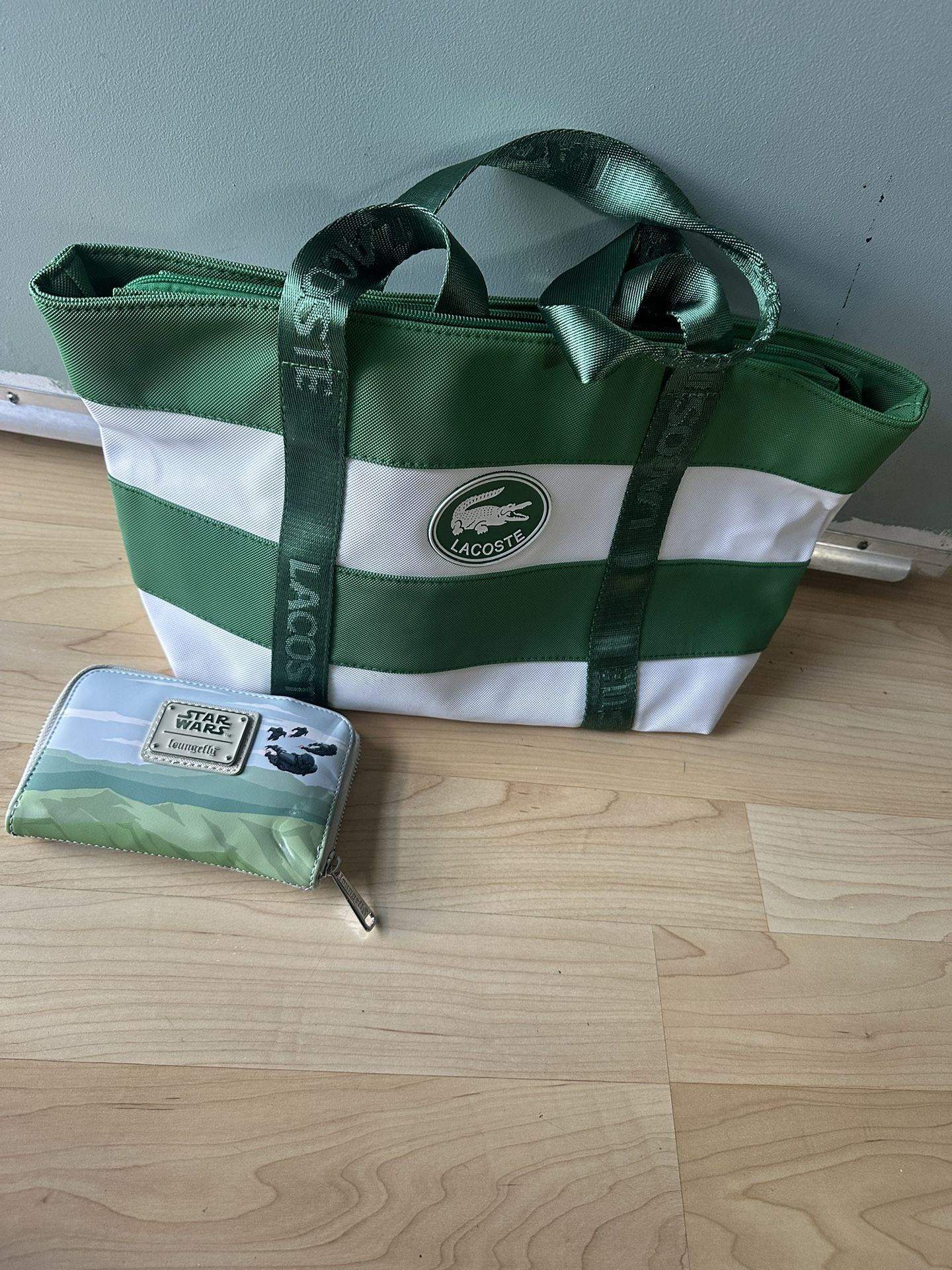 LACOSTE Striped Green White Waterproof Canvas Travel Shopping Tote Handbag