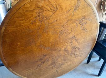 Vintage Round Wood Coffee Table – Hand-Etched Bird & Floral Design